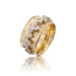 18k yellow gold, 12mm wide band inset with 24 x .01 carat diamonds with revolving 14k white gold orbit band with 1.2 carats of diamonds. Total carat weight: 1.44