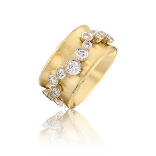 Orbit Ring 18k yellow gold, 12mm wide band with revolving 14k white gold orbit band with 1.8 carats of diamonds. Total carat weight: 1.8