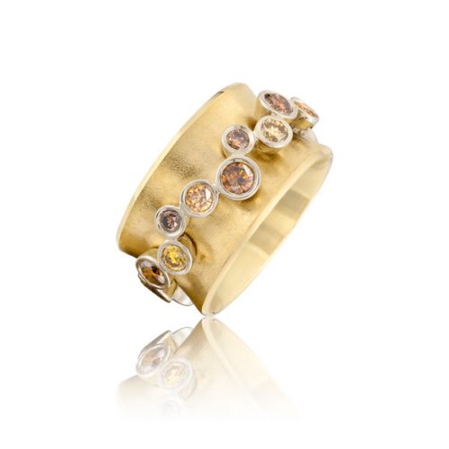 Gabriel Ofiesh Garland Orbit Ring ~ 18k yellow gold, 13mm wide band with revolving 14k white gold orbit band with 2.05 carats of natural cognac, champagne and yellow diamonds.  Total carat weight: 2.05