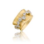 18k yellow gold, 14mm wide band with revolving 14k white gold orbit band with 2.3 carats diamonds. Total carat weight: 2.3