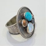 Sterling Silver ring with a Southwest look, round coinlike top with a cluster of bezel set stones and pearls