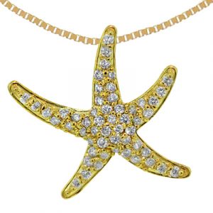 Diamond encrusted gold starfish pendant on thin gold box chain