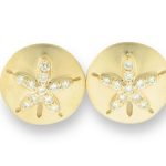 round brushed gold post sanddollar earrings with a star of round bezel set diamonds in the center