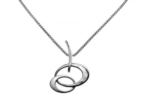silver pendant on silver chain; two interlocking ovals suspended on a curved bar which hangs on the chain