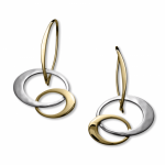 bi-metal silver and gold hanging earrings; one silver and one gold interlocking ovals suspended from a gold curved bar into ear wire