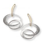 bi-metal silver and gold earrings; two interlocking ovals are suspended from a gold curved bar into earwire