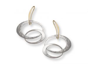 bi-metal silver and gold earrings; two interlocking ovals are suspended from a gold curved bar into earwire
