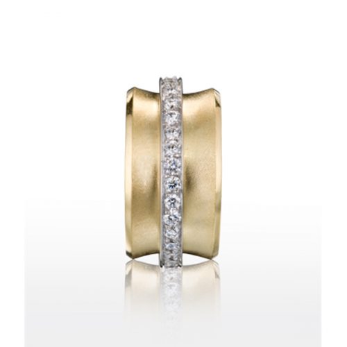 18k yellow gold, 12mm wide band with revolving platinum orbit band with 1.2 carats of pave diamonds. Total carat weight: 1.2