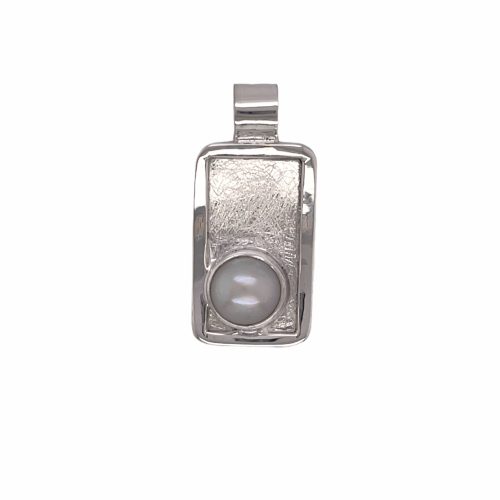 Sterling sliver rectangular pendant, hangs north to south, 28mm by 18mm, brushed finished with polished finish rim, has bezel set freshwater pearl in lower half, wide bale fits up to 6mm chain or cord