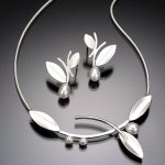hadncrafted sterling silver necklace with alternating leaf and white pearl centerpiece suspended on a snake chain for a length of 16 inches, shown with matching post earrings