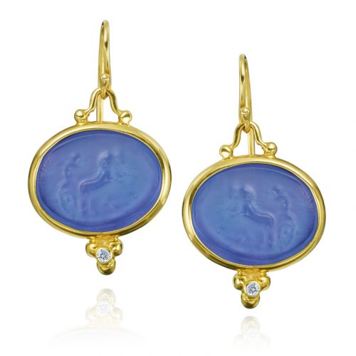 Oval Venetian glass hanging earrings set in 14k yellow gold with gold ball and diamond accent at the bottom and ear wires