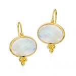 Rainbow Moonstone oval cabochon and 14k yellow gold hanging earrings with a 3 gold ball accent at the bottom and ear wire posts