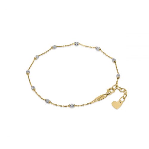 gold chain with silver faceted oval stationed beads anklet with adjustable gold links with heart charm at the end and lobster clasp