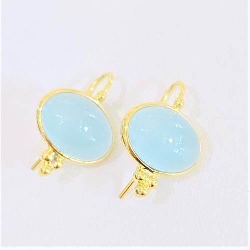Oval Cabochon aquamarine hanging earringsin 14 k yellow with 3 gold ball accents on the bottom and ear wires