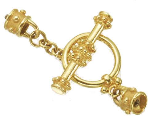 14 k yellow gold removaable screw in toggle with Capri style gold ball accents around connector ends and on toggle bar