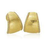 Hammered gold and diamond French back earrings, tapered dome shape lined with diamonds on either side