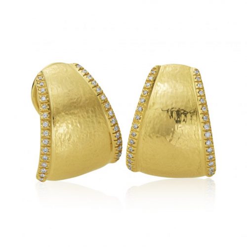 Hammered gold and diamond French back earrings, tapered dome shape lined with diamonds on either side