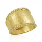 hammered gold wide tapered band ring lined on top and botton with small round inset diamonds