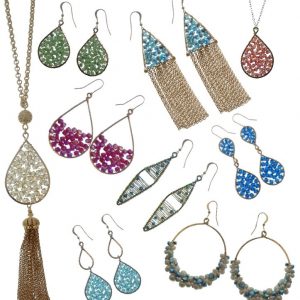 a display of various styles of earrings made with gold wire and swarovski crystals