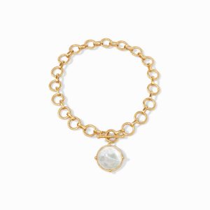 large round gold links with alternting smaller oval links necklace with large round clear irridescant pendant; front side toggle