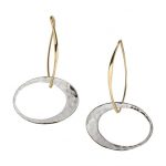 Bi-metal silver and gold earrings; 1 inch silver oval suspended from a 1 inch curved bar which folds in half to create the ear wire the ear wire