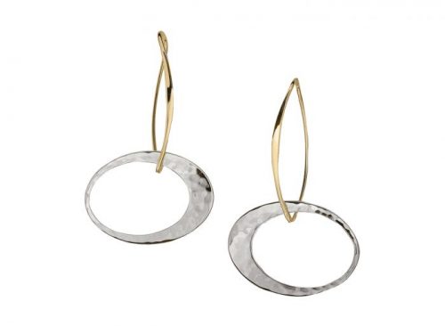 Bi-metal silver and gold earrings; 1 inch silver oval suspended from a 1 inch curved bar which folds in half to create the ear wire the ear wire