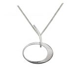 silver pendant on chain; 1 inch oval suspended from a curved bar which hangs from thin wheat chain