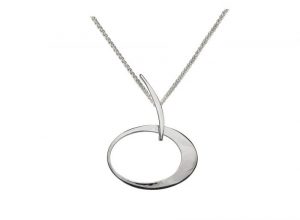 silver pendant on chain; 1 inch oval suspended from a curved bar which hangs from thin wheat chain
