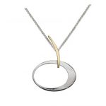 bi-metal silver and gold pendant on chain; one inch silver oval suspended on a curved gold bar and hanging on a silver wheat chains