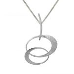 silver pendant on a chain, two interlocking ovals suspended from a curved bar which hangs from the chain