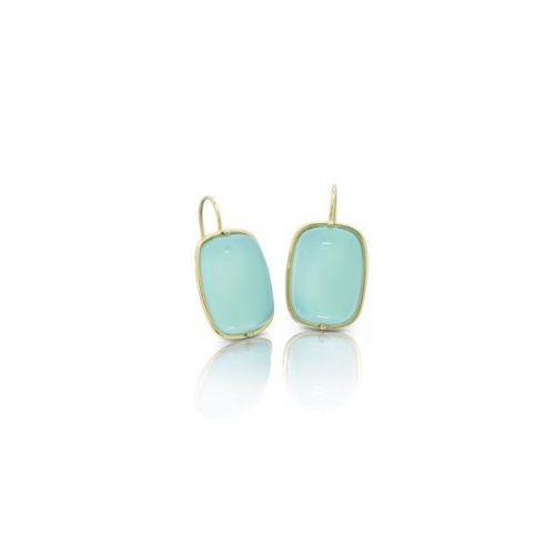 green rectangular cabochon stone earrings on yellow gold earwires