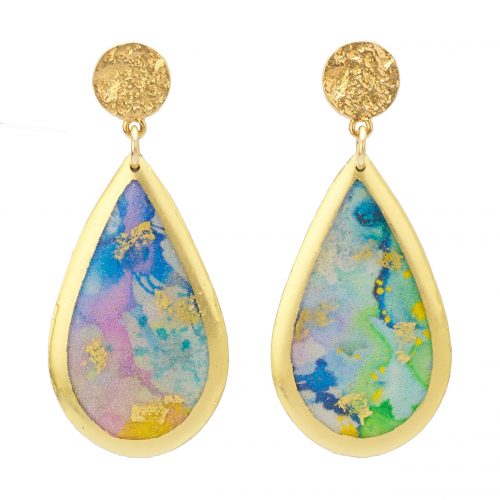 Large Solid Teardrop with rainbow palette of watercolor swatches, rimmed in gold leaf suspended from a round hammered gold post
