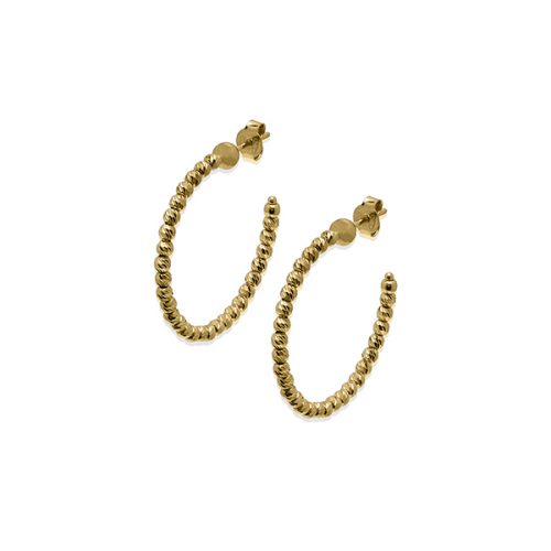 small round gold faceted bead open hoop earrings with post