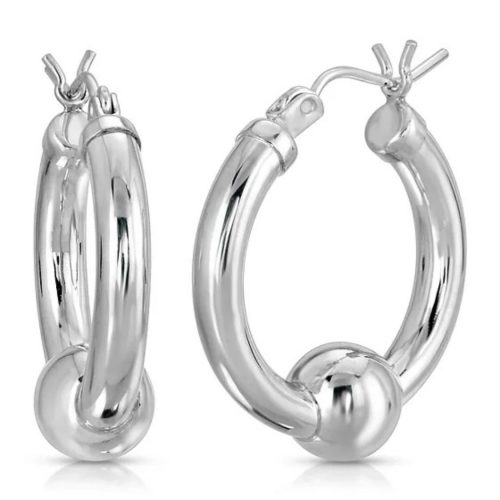 all silver hoops with fixed silver ball at bottom and silver post and findings